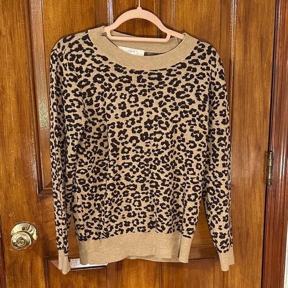 LOFT‎ Animal Print Crew Neck Sweater - Tan and Black - Picture 3 of 5